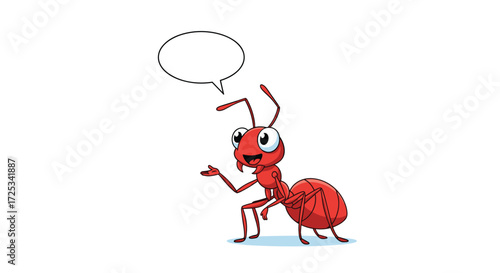 A happy cartoon ant standing and talking with a speech bubble.