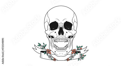 A detailed illustration of a skull adorned with roses and a banner.
