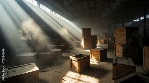 Sunbeams Illuminate Dusty Warehouse with Wooden Crates