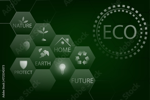 A hexagonal eco-themed design with icons and words like "Nature," "Earth," "Home," "Protect," "Future," and "Recycle" on a green background.