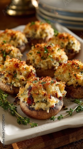 Stuffed mushrooms with cheese and herbs on white plate