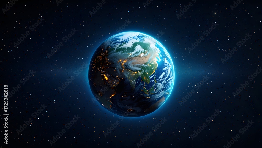 Naklejka premium Earth from space showing asia and night lights with a starry background view of the planet