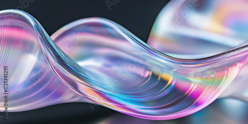 Close-up of a flowing, translucent shape resembling a ribbon or wave. Glossy surface reflects iridescent tones of pink, blue, purple, and green. Curves and folds create motion and depth. Abstract art,