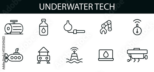Underwater Technology Icon Set – Vector Illustrations of Submarines, Sensors, Pumps, Buoys, and ROVs for Marine Science and Ocean Engineering Projects