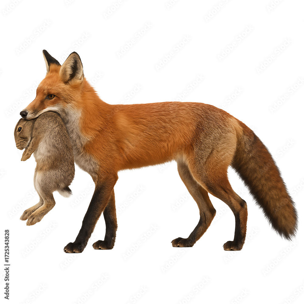 Fototapeta premium Fox with a mouse on a transparent background. Wildlife. Predator. Hunting. Nature.