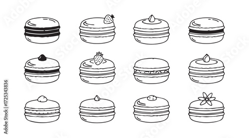 Collection of delicious hand drawn macarons and pastries ideal for sweet treats and dessert designs vector