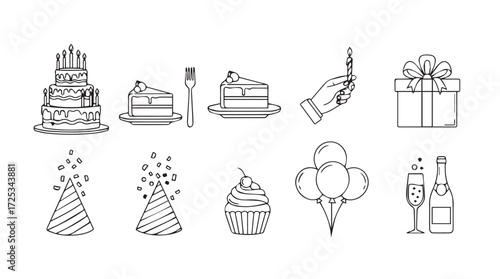 Hand drawn celebration icons birthday cake cupcake balloons champagne gift box candle sparkler vector