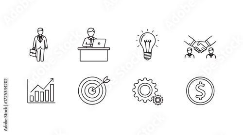 Hand drawn business icons set featuring growth graph target idea and teamwork for startup concepts vector