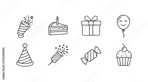 Whimsical hand drawn birthday party icons set for celebrations and festive designs vector
