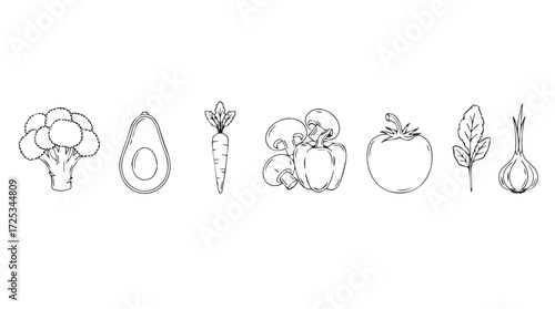 Hand drawn line art collection of fresh organic vegetables and fruits for healthy eating vector