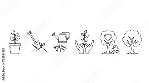 Gardening growth concepts set icon elements plant life cycle stages tree sapling watering can soil vector