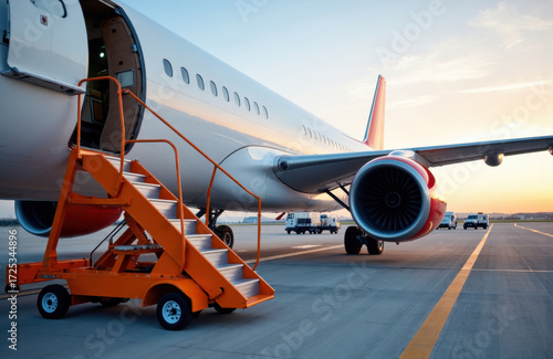 Passenger airplane parked on the runway with boarding stairs ready for boarding or disembarkation