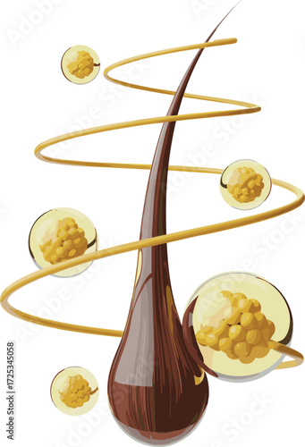 golden rings, molecular care concept, cosmetic science, healthy hair structure, beauty treatment, follicle protection, energy particles, shine, vitality, root focus