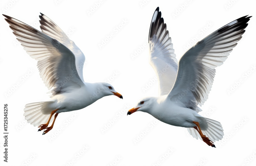 Obraz premium Two seagulls in flight with wings spread wide against a white background