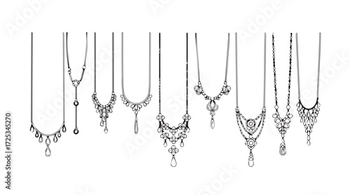 Collection of elegant necklaces diverse styles gemstone pendants detailed fine jewelry showcase vector