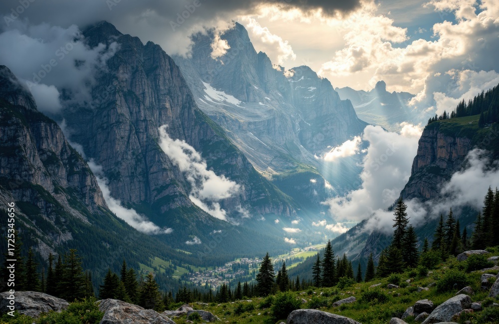 Fototapeta premium Majestic mountain landscape with towering peaks and lush green valley