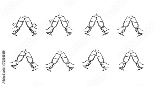 Celebratory clinking champagne glasses cheers icon set artistic hand drawn style vector