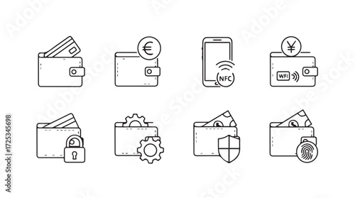 Set of financial icons representing wallets digital payment security and currency exchange options vector