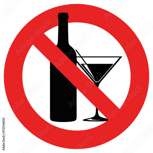No alcohol allowed sign with wine bottle and cocktail glass.