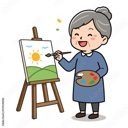 Vector art of elderly woman painting a landscape with a sun on canvas