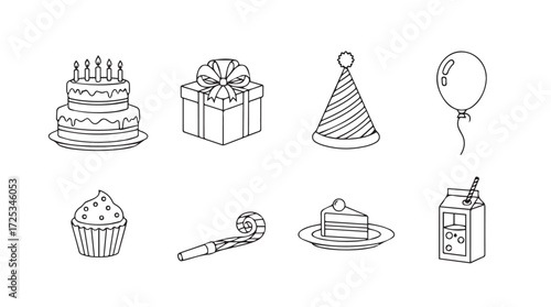 Hand drawn birthday party elements collection cake gift hat balloon cupcake party blower slice cake drink vector