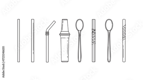 Collection of disposable food service utensils and drinking straws line art design elements vector
