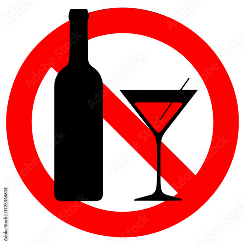 No Alcohol Sign - Wine Bottle and Cocktail Glass.