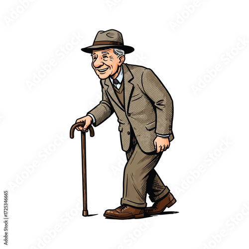 Vector art of elderly man in a hat and suit walking with a cane