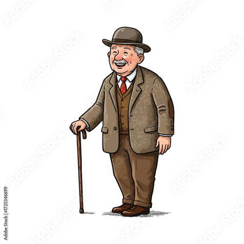 Vector art of smiling elderly gentleman in a hat and suit holding a cane