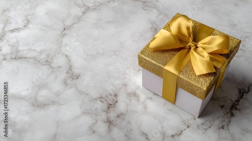 A golden glitter gift box with a satin ribbon bow sits on a white marble background