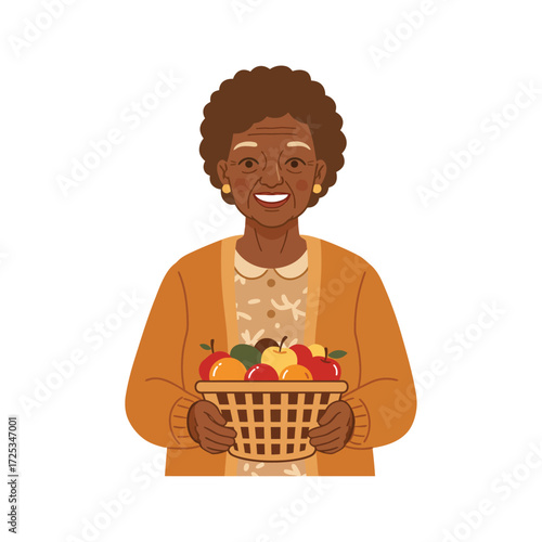 Vector art of smiling elderly woman holding a basket of fruit