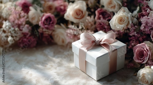 Elegant white gift box with pink ribbon and bow nestled among a delicate floral arrangement perfect for a celeb n