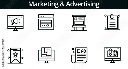 “Marketing & Advertising Icon Set II: 8 Modular Black & White Glyphs for Campaign UI, Brand Strategy & Digital Promotion Toolkits”
