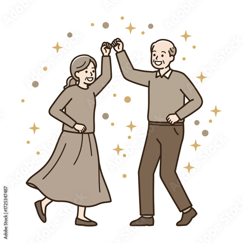 Vector art of elderly couple dancing happily with sparkling effect