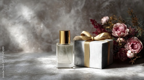 An elegant perfume bottle and a gift box sit next to a bouquet of pink roses bathed in soft d d light on a textured surface