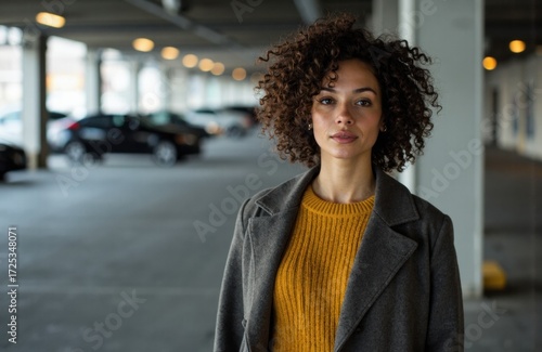 Woman with curly hair standing in parking garage with cars and lights in background