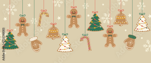 Cute Christmas decoration with hanging Gingerbread Cookies for celebrating xmas. vector illustrations for greeting card, party seasonal.
