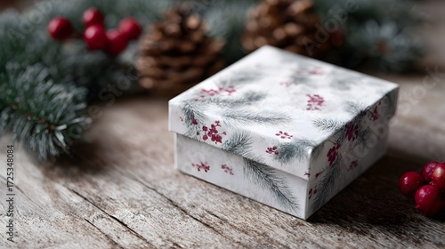 A festive wrapped gift box with a holiday pattern sits on a rustic wooden surface evoking a cozy seasonal mood