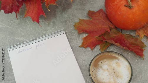 Autumn mood Harvest pumpkin autumn maple leaves red and yellow and coffee sleep Do you want to go to bed little. Thanksgiving and Autumn decoration concept made from autumn leaves and pumpkin