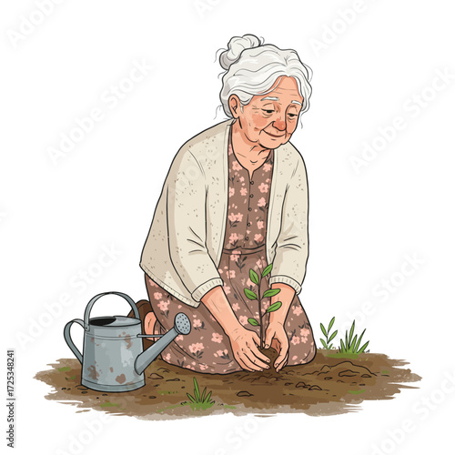 Vector art of elderly woman planting a small seedling in the garden with a watering can nearby