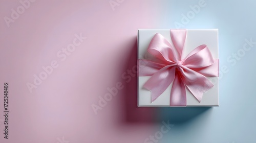 A simple white gift box with a pink satin bow sits on a split pastel pink and blue background offering ample copy space