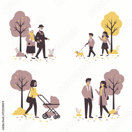 People walking in autumn park: elderly couple, young couple, kids with dog, and mother with a stroller.