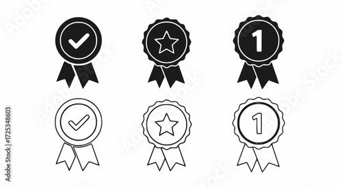 Set of black and white ribbon awards icons: guaranteed, favorite, and first place winner medal symbols