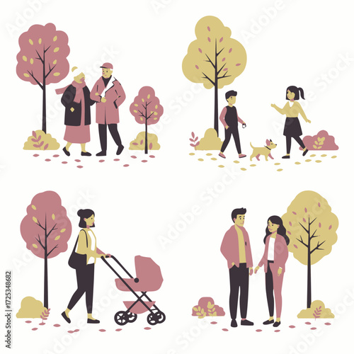 People walking in autumn park: elderly couple, kids with dog, mother with stroller, and young couple