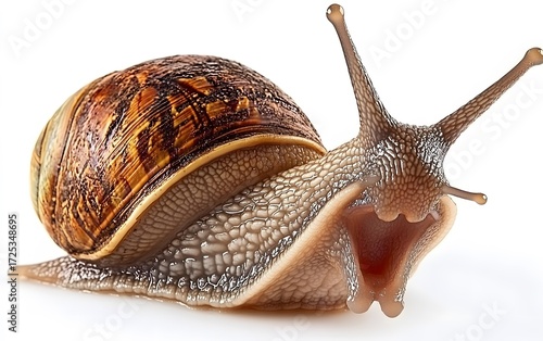 Closeup of a Snail with Open Mouth, Shell Details, Macro Photography