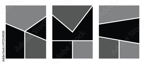Abstract Geometric Partitioned Panels in Black and Gray Vector Set