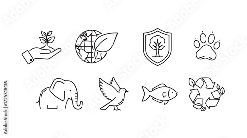 Diverse hand-drawn eco icons representing nature conservation and wildlife protection concepts vector