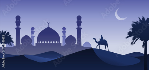 Man riding camel in desert night, ramadan kareem