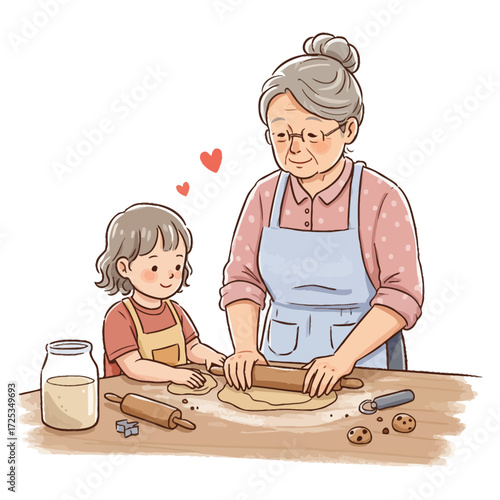 Vector art of grandmother and granddaughter baking cookies together