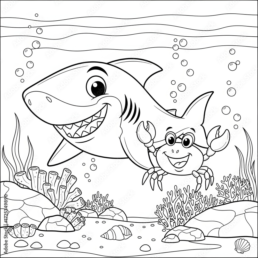 Fototapeta premium Cute shark and crab coloring page. Adorable cartoon sea animal illustration. Happy shark swimming with a smiling crab in an underwater scene. Fun printable activity sheet for kids.